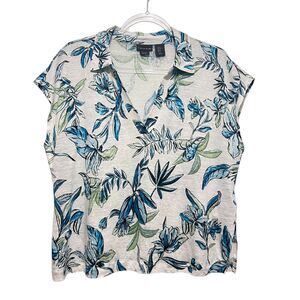 Tahari Linen Tropical Floral Top Women XL Coastal Resort Casual Short Sleeve